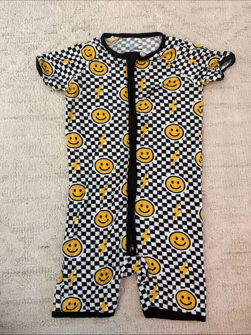 Little One Shop Black & White Checkerboard Smiley Zip-Front Kids One-Piece